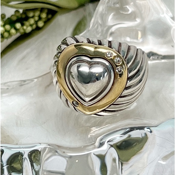David Yurman Diamond Cable Wide Band Heart Ring .925/18K Gold - Picture 3 of 11